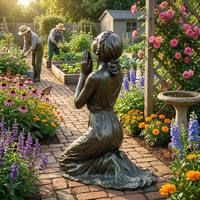 Statue de femme agenouillée en prière en bronze patiné vert pour jardin zen en bambou, statue en bronze