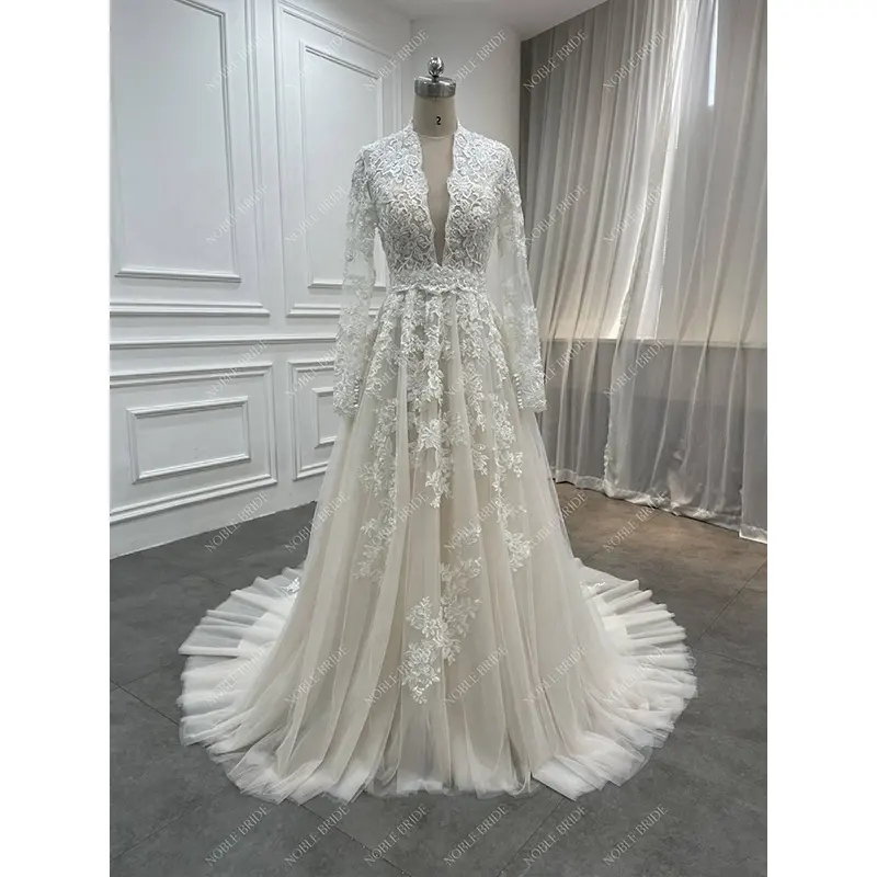 Lady zarif uzun kollu boncuklu resepsiyon düğün elbisesi mütevazı çiçek dantel masal altında bir çizgi gelin kıyafeti