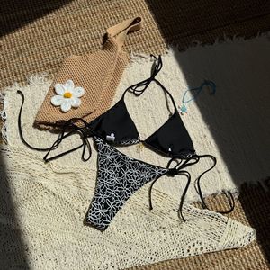 Ensemble bikini triangle brodé floral pour femme, maillot de bain 2 pièces à nouer sur le côté, tenue de plage d'été, vente en gros - Product Image 6
