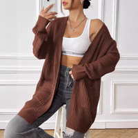 Cardigan long en acrylique tricoté respirant pour femme, col en V, manches longues, chaud, décontracté, pour l'automne