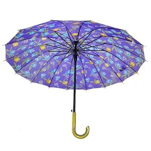Ovida en çok satan ürünler online otomatik açık çiçek baskı altın tutamak sopa 16 kaburga şemsiye özel logo baskı