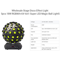 5pcs 18W RGBWA + UV 6in1 Night Club Effect Stage Light LED Magic Disco Ball LED Light Ball