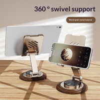 Support universel pliable rotatif à 360 degrés avec base en bois stable et support en métal épaissi pour téléphone et tablette, idéal pour le streaming en direct sur bureau
