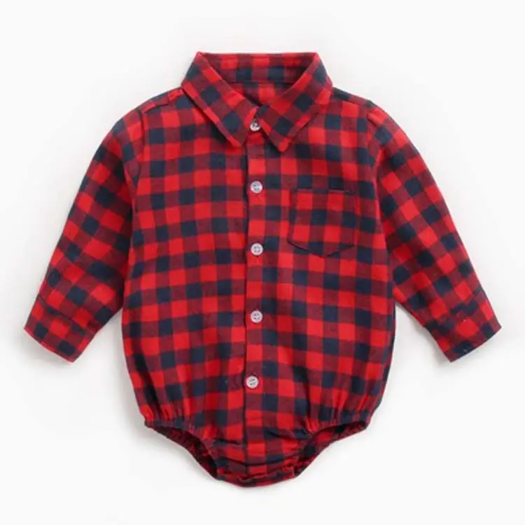 Long Sleeve Shirt Romper 100% Cotton Boy Baby Clothes Factory High Quality Plaid Full Baby Items Lovely Picture Support Button
