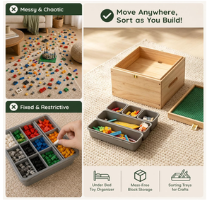Caja de Almacenamiento de Madera para <span class=keywords><strong>Lego</strong></span>, Base de Construcción de Doble Cara con Tapa, 5 Compartimentos Extraíbles, Organizador de <span class=keywords><strong>Ladrillos</strong></span> <span class=keywords><strong>Duplo</strong></span> - Product Image 6