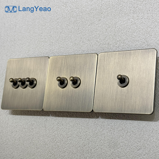 LangYeao Bronze-green Toggle Light Wall Switches UK EU Standard Stainless Steel Panel Metal Electric Vintage Switch and Socket