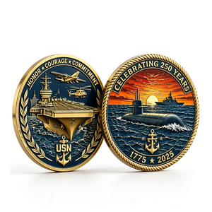 Pièce commémorative du 250e anniversaire de l'US Navy, en laiton plaqué or, frappée à la presse, motif patriotique, jeton circulaire, honneur, courage, engagement - Product Image 3