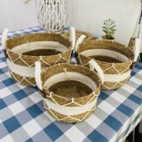 Panier en herbe Rush fait à la main Poignées en corde de coton à double couche Panier carré tissé en jonc de mer en bambou robuste Conception durable