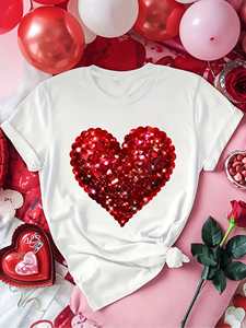 T-Shirt da Donna a Maniche Corte, Vestibilità Slim, Collo Tondo, Stampa Cuore Rosso Brillante, Moda Casual Primavera Estate, 100% Cotone Jersey - Product Image 3