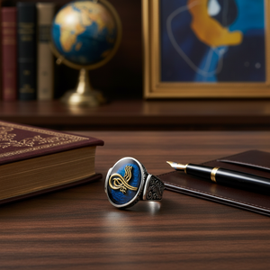 925K Sterling Silver Ottoman Tugra Blue Enamel <b>Men</b> <b>Ring</b> - Product Image 3