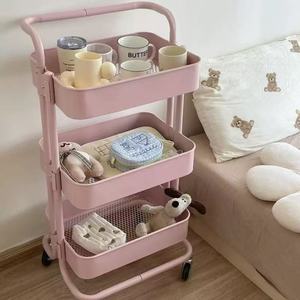 รถเข็นเก็บของ 3 ชั้น สีชมพู พร้อมล้อเลื่อน ชั้นวางของอเนกประสงค์แบบพกพา สำหรับห้องครัว ห้องน้ำ ห้องนอน - Product Image 1