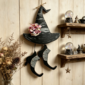 Décoration Suspendue 2D Sorcière d'Halloween - Chapeau, Chaussure, Panneau, Couronne en Bois <span class=keywords><strong>Hocus</strong></span> <span class=keywords><strong>Pocus</strong></span> pour Murs, Réutilisable et Durable pour Usage Intérieur - Product Image 5