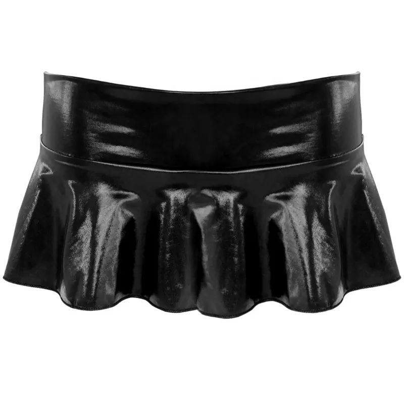 Hot Sale Womens Leather Ruffled Mini Dress Flared Leather Skirt in Black