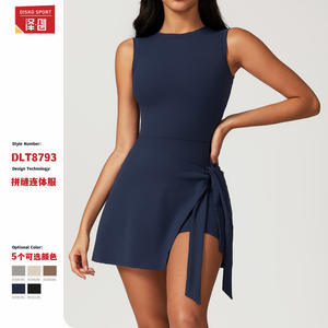 ชุดเดรสกีฬาสองชิ้นแบบสวมใส่สบายสำหรับผู้หญิง ดีไซน์สีพื้น พร้อมสายรัดและดีไซน์ผูกด้านหลัง เหมาะสำหรับโยคะและเทนนิส - Product Image 5