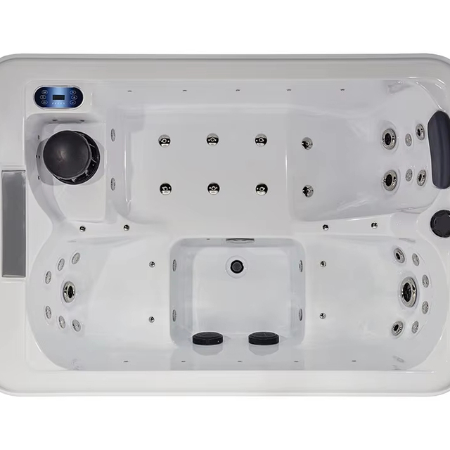 Modern Compact Massage Spa Tub for 2 People with LED Lights Comfortable Seats Hydrotherapy Jets and Wooden Style Exterior Shell
