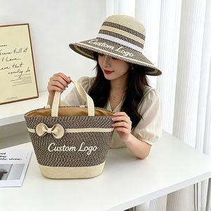 Ensemble sac fourre-tout tissé avec logo personnalisé et chapeau de soleil multifonctionnel, sac à main tissé pliable, chapeau de paille à large bord pour la protection solaire - Product Image 6