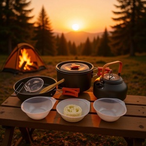 Offre Spéciale : Kit de Cuisine de Camping en Alliage d'<span class=keywords><strong>Aluminium</strong></span> pour 2-3 Personnes - Ensemble Complet avec Bouilloire 2.0-3.0L et 3 Bols, <span class=keywords><strong>Pelle</strong></span> en Bois Incluse - Product Image 5