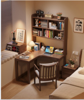 Bureau d'angle en bois de caoutchouc en forme de L, confortable, durable et écologique, avec huche et étagère pour l'étude à domicile DB03S #