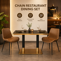 Ensemble de salle à manger rectangulaire, plateau de table noir avec bordure dorée, chaise rembourrée marron, fournitures pour hôtels, cafés, bistros et restaurants