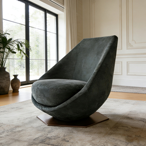 Fauteuil design avec forme sculpturale fluide en forme d'œuf, revêtement en cuir suédé et base en fibre de verre pour maison et hôtel de luxe - Product Image 1