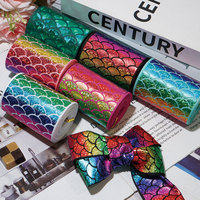 Pita Grosgrain Sisik Duyung Berlapis Emas 100% Poliester Pita Cetak Pelangi untuk Kerajinan DIY, Ikat Rambut, Pembungkus Kado, Dekorasi