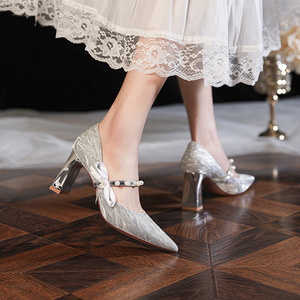 Sandales à talons pour femmes, bout pointu, talon épais, bride perlée, chaussures de mariage élégantes, talon moyen 2-3 cm, décoration nœud - Product Image 2