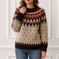 Pull en tricot Fair Isle personnalisé pour femme, col rond, rouge rouille, marron, avec empiècement triangulaire, usine OEM ODM