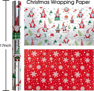 Christmas aluminum gift wrapping <b>paper</b> featuring cartoon gnomes on a Christmas tree <b>pattern</b> with silver snowflakes Customizable - Product Image 2