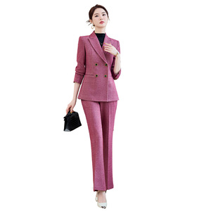 Women's Rose Red Wool Blend <b>Blazer</b> Two-Piece Suit <b>Set</b> For Commute Autumn Winter Warm Workwear - Product Image 5