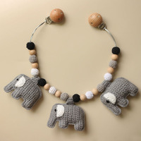 Anneau de dentition au crochet pour bébé, avec attaches tétine, en forme d'éléphant, fait à la main, style Montessori,