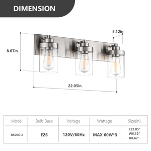 <span class=keywords><strong>Luminaire</strong></span> <span class=keywords><strong>de</strong></span> vanité <span class=keywords><strong>de</strong></span> <span class=keywords><strong>salle</strong></span> <span class=keywords><strong>de</strong></span> <span class=keywords><strong>bain</strong></span> moderne à 3 lumières <span class=keywords><strong>de</strong></span> 22 "<span class=keywords><strong>avec</strong></span> abat-jour en verre transparent <span class=keywords><strong>Luminaire</strong></span> <span class=keywords><strong>de</strong></span> vanité en nickel brossé pour <span class=keywords><strong>miroir</strong></span> - Product Image 4