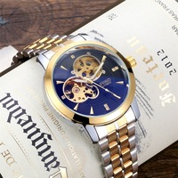 Montre mécanique automatique pour homme, cadran semi-squelette, acier inoxydable, montre-bracelet de style business, logo personnalisé, étanche, montre-bracelet pour homme