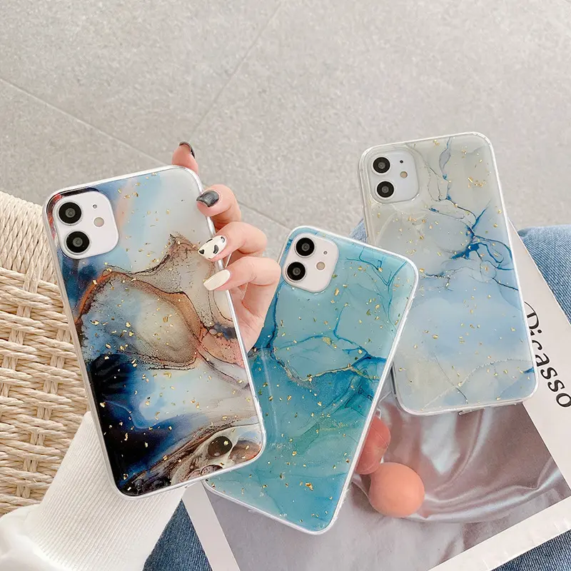 Hot selling Marble TPU PC phone case for iPhone 11 Promax gold foil drop glue paint shockproof mobile back cover