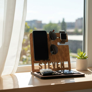 Wooden Phone Stand Desktop Storage <b>Rack</b> Multi Functional Holder For Watches <b>Glasses</b> Keychains Natural Wood Color Rectangle Shape - Product Image 1