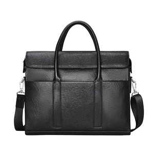 Men's Genuine <b>Leather</b> <b>Briefcase</b> Large Capacity Horizontal Square Tote Bag For Business Travel Black - Product Image 5