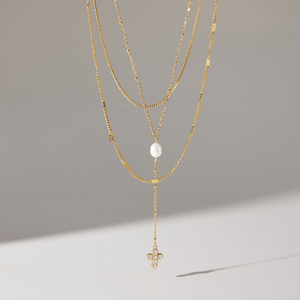 Collier à trois rangs en acier inoxydable plaqué or 18 carats avec perles d'eau douce pour femmes, bijoux à chaîne en Y superposée, J&D Jewelry - Product Image 5