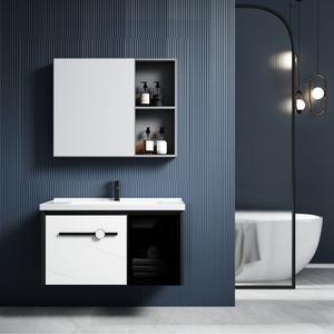 Mueble de Baño de Aleación de Aluminio CR, Espejo de Vidrio Blanco y Negro, Lavabo de Cerámica de Una Pieza - Product Image 1
