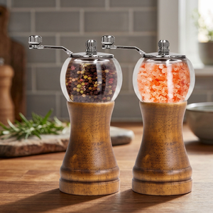 Wooden Salt and <b>Pepper</b> Mills with Glass Top Refillable Manual Rotary Knob <b>Grinders</b> - Product Image 4