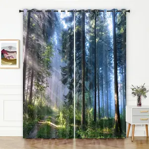 Forest Scenery Blackout Curtains, Misty Sunshine Woodland Tree Path Nature Landscape Print Darkening Window Grommet Drapes/