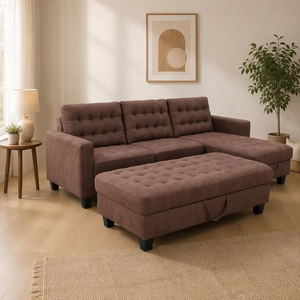 Sofá Seccional Moderno en Forma de L de Gamuza Marrón con Almacenamiento y Tela Ecológica para Sala de Estar - Product Image 2