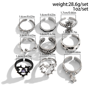 9 pièces/ensemble Punk Harajuku métal anneaux ouverts pour hommes femmes épines amour coeur étoile Zircon réglable bague ensemble bijoux (RG317) - Product Image 6
