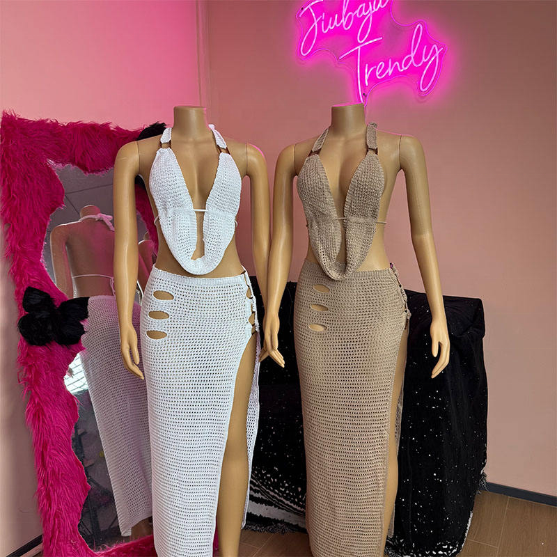 women's beach crochet backless bohemian halter maxi long dress Poplab Women's Beach Crochet Backless Bohemian Halter Maxi Long Dress –  womenboutique main image 0
