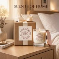 Luxuriöse Minimalistische Klare Dickglas-Duftkerze aus Sojawachs mit Poliertem Roségold-Verschlussdeckel, Vorgepackt in Beiger Quadratischer Geschenkbox mit Satinband