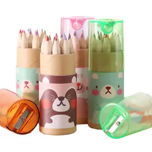 Caixa redonda de papel de embalar crianças, conjunto de lápis em 12 cores com afiador de lápis na tampa de 3.5 polegadas