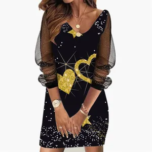 אופנה קלאסי אלגנטי הדפסת נצנצים רשת נשים של שמלת צווארון V סקסי מזדמן ארוך שרוול שמלה