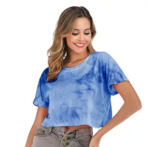 Round neck short sleeve custom embroidered tie dye crop top women t shirt