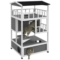 Nichoir extérieur haut de gamme en bois imperméable pour chats, avec toit, trapes d'évasion et plateformes de jeu, finition grise, style tendance, pour toutes les petites races