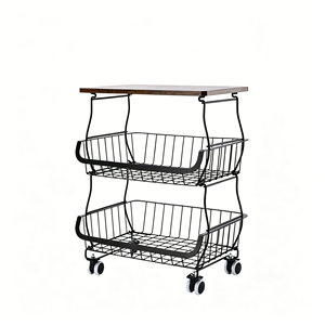 2-Tier <b>Rolling</b> Kitchen Cart Wooden Top Wire Storage Basket Utility Trolley <b>Fruit</b> Vegetable Organizer Rack For Pantry Home - Product Image 1