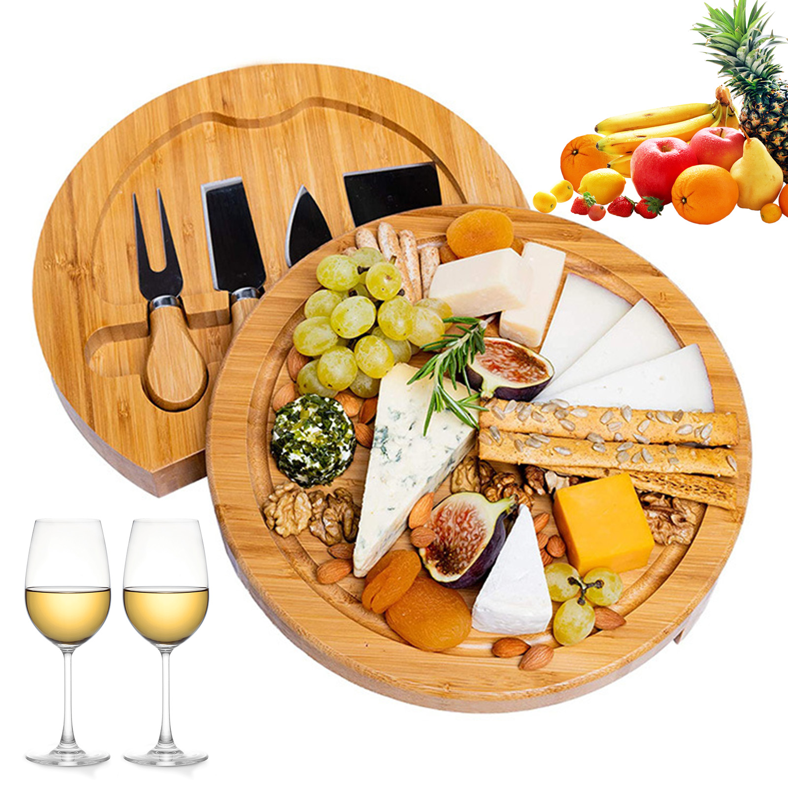 Набор из бамбуковой доски для сыра, круглая сервировочная доска для сыра, деревянная сервировочная доска, набор ножей для сыра и колбасы