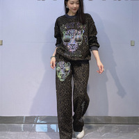 Vêtements pour femmes grande taille de style européen et américain, style coréen, sweat-shirt à col rond, ensemble pantalon imprimé léopard, manches longues, ensemble pour femmes